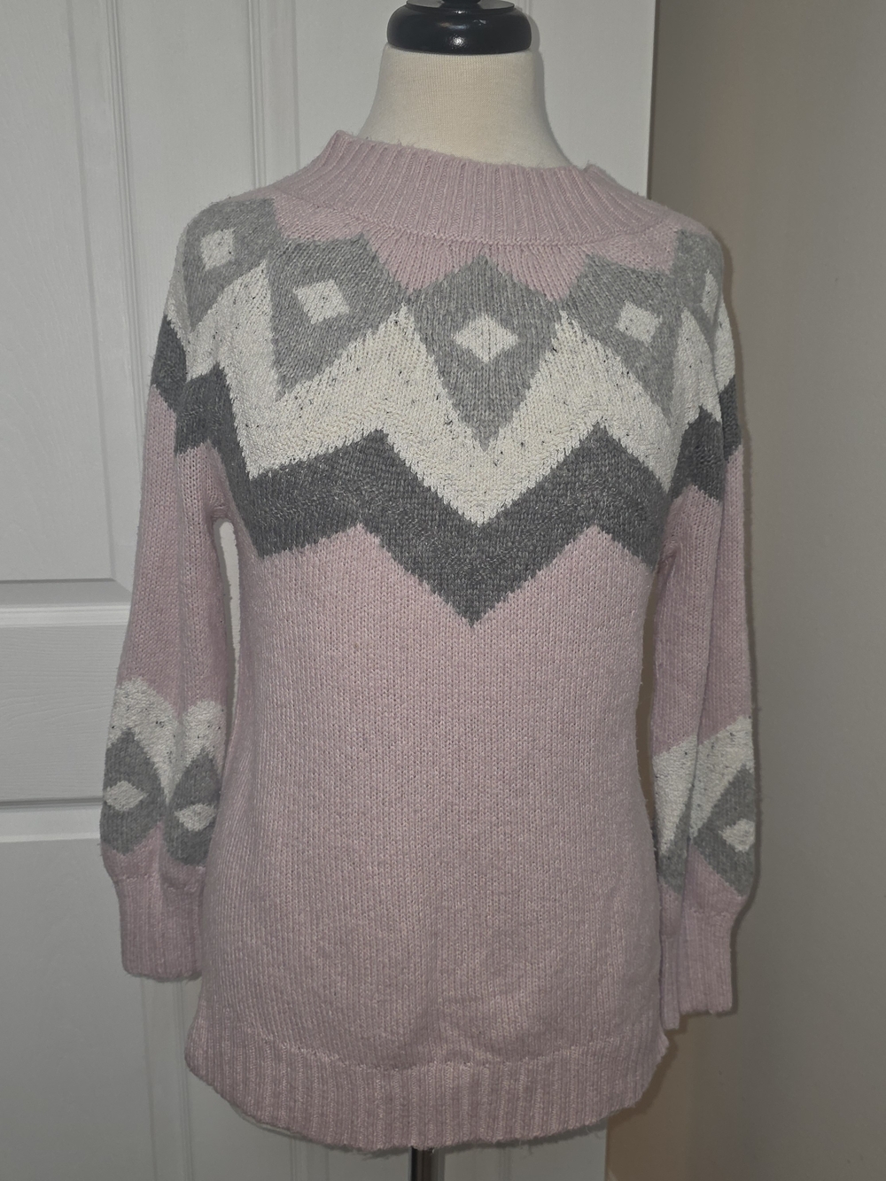 LOFT Wool Blend Pink & Gray Fair Isle Crewneck Sweater